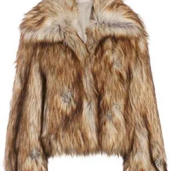 CinqASept brown Faux fur short coat with Rhinestone embellishments - Picture 6 of 9